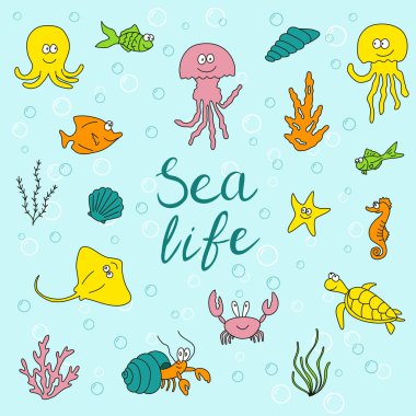 Yazılı metin - Sea life üzerinde mavi arka plan izole el ile şirin deniz gülümseyen canlıları kümesi; vektör rengi çizim