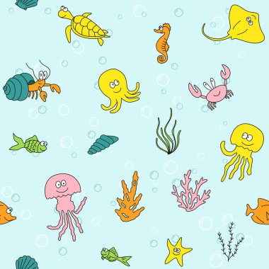 Sevimli deniz gülümseyen canlıları - vektör seamless modeli mavi arka plan, çocukça deniz renk illüstrasyon, kumaş baskı için sonsuz arka plan, doku ve kağıt ambalaj