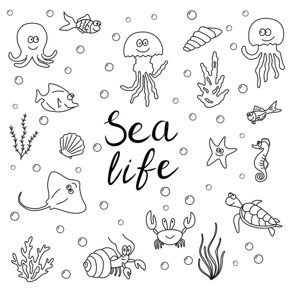 Gyűjteménye aranyos tengeri lények, kézzel írott szöveg Sea life elszigetelt fehér background; vektoros illusztráció a kifestőkönyv; vázlata a festmény — Stock Vector