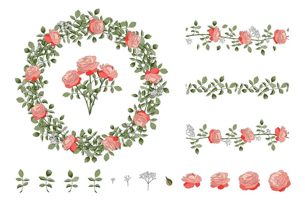 ベクトル ボタニカル イラスト ピンクのバラの花輪 花のガーランド 無限の水平方向のブラシ 一連の要素 緑の葉と白い背景で隔離カスミソウ — ストックベクタ