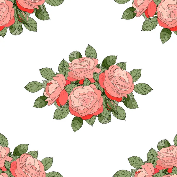 白を基調にピンクのバラ花束シームレス パターンベクトル ボタニカル イラスト ファブリックのプリント テクスチャーや包装紙の無限の背景 — ストックベクタ