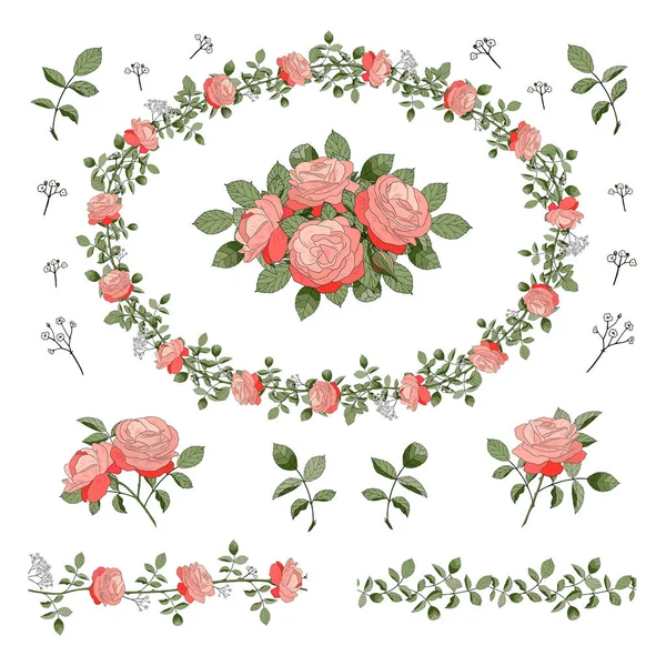 ピンクのバラの花輪 花のガーランド 無限の水平方向のブラシ 一連の要素 緑の葉と白い背景の上に孤立しました ベクトルの植物図 — ストックベクタ