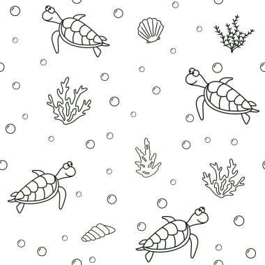 Komik mutlu kaplumbağalar, mercanlar, yosun ile Dikişsiz desen; Beyaz arka planda izole siyah anahat; Kumaş baskı, hediye sarma, sarma kağıt için yüzme kaplumbağa anahat çizim ile sonsuz doku