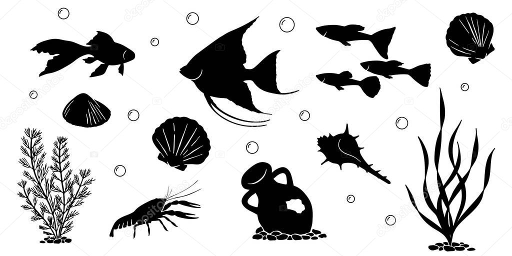 Set of marine creatures isolated on white background; Black realistic silhouettes of guppy, goldfish, angelfish, crayfish, shells and broken clay jug; Monochrome sea objects; Aquarium pets vector illustration