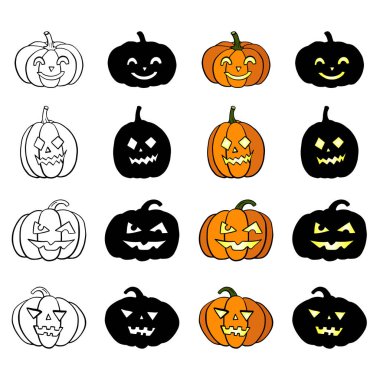 Turuncu gülümseme ve kızgın balkabakları, çizgi hatları ve beyaz arkaplanda izole siyah siluetler; Cadılar Bayramı için komik el çizimi kabak çizimi çizimi çizimi çizimi çizimi; Vektör illüstrasyonu; Düz simgeler 2