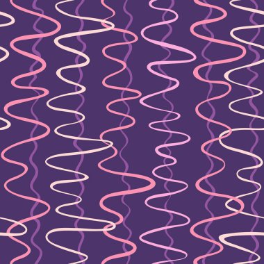 Açık ve koyu pembe el çizimleri ile kusursuz soyut doku mor arkaplanda izole edilmiş; kumaş baskısı, hediye paketi, davetiyeler ve ambalaj kağıdı için vektör renkli sonsuz desen