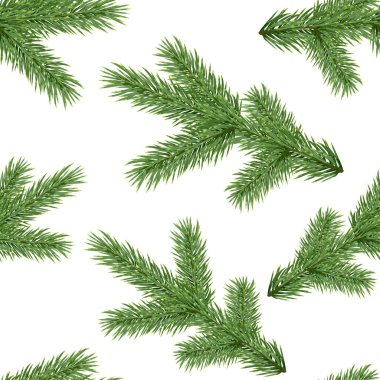 Beyaz arka planda izole edilmiş gerçekçi ladin dalları olan kusursuz desen; vektör botanik illüstrasyon; yeşil Noel ağacı dallarıyla sınırsız dekoratif doku
