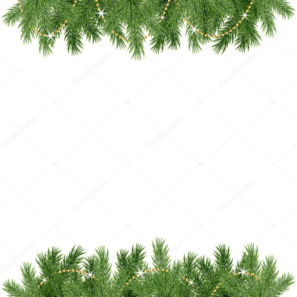 Beautiful frame with realistic spruce branches and decorative golden chain isolated on white background; Vector botanical illustration; Template with green Christmas tree twigs for greeting card