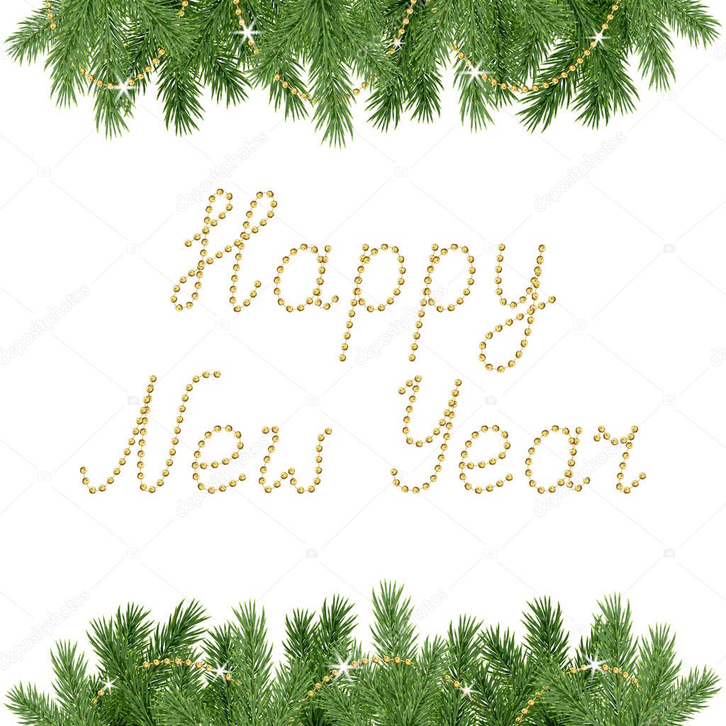 Beautiful horizontal frame with realistic spruce branch and hand drawn text Happy New Year made of decorative golden chain isolated on white background; Vector template with green Christmas tree twigs