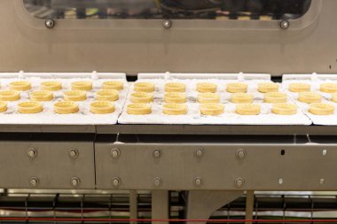 Dondurma üretim hattı. Taşıyıcı üretim. Taşıyıcı hat için makine. Seçici odak.