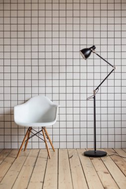 Nizhniy Novgorod, Rusya - 5 Nisan 2019: Fotoğraf stüdyosu 2.8. Duvarda fayans ile İskandinav tarzı oda.