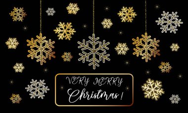 Noel arka plan, altın kar tanesi siyah arka plan üzerine