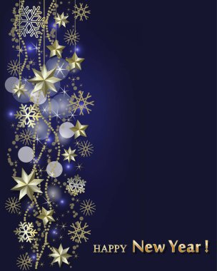 Yeni yıl kartı, altın yıldız ve kar taneleri sınırı