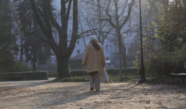 yaşlı bayan sonbahar parkta bir yürüyüş üzerinde