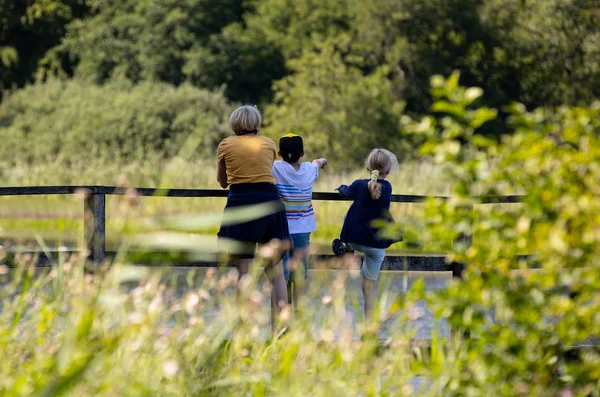 old lady with children on the bridge over the lake