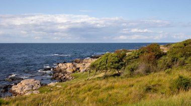 Baltık Denizi 'ndeki Bornholm adasının kayalık kıyıları, güzel manzara. 