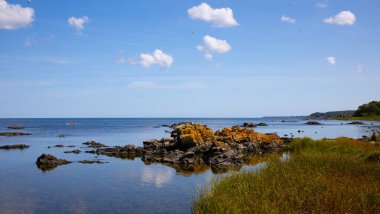 Baltık Denizi 'ndeki Bornholm adasının kayalık kıyıları, yüksek dikey kayalar, Bornholm Adası' ndaki inanılmaz kayalar.