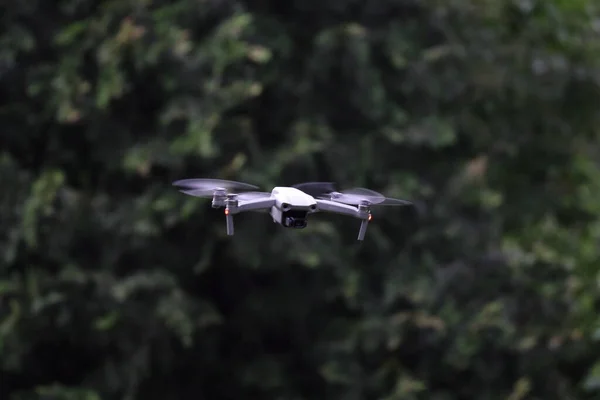 Een Drone Vliegend Het Park Tussen Bomen — Stockfoto