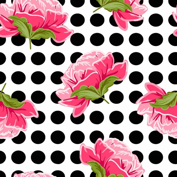 Extra Grote Roze Pioenroos Naadloze Herhalen Polka Dot Mode — Stockvector