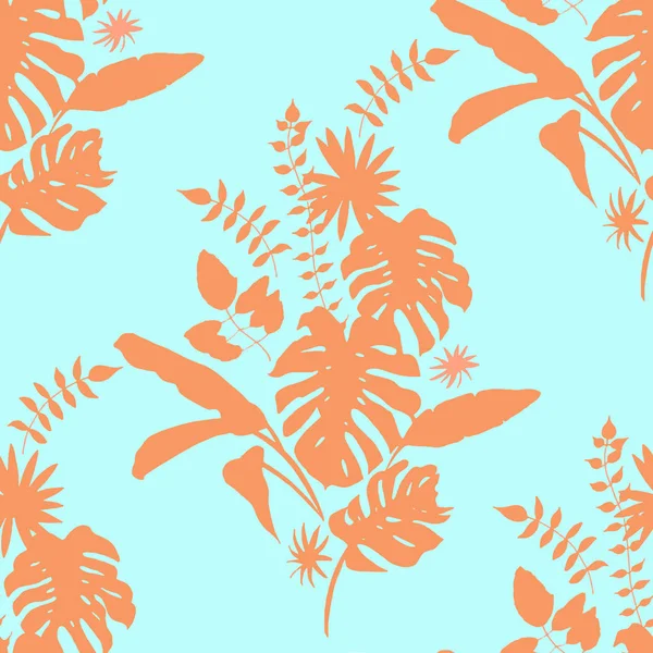 Tropische Lust Palm Print Patroon Helder Blauw Oranje Strand Koraal — Stockvector