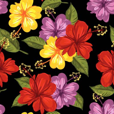 Hibiscus ve tropikal yaprak Dikişsiz desen arka plan