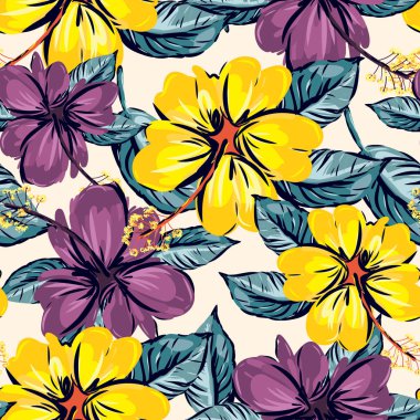 Hibiscus ve tropikal yaprak Dikişsiz desen arka plan