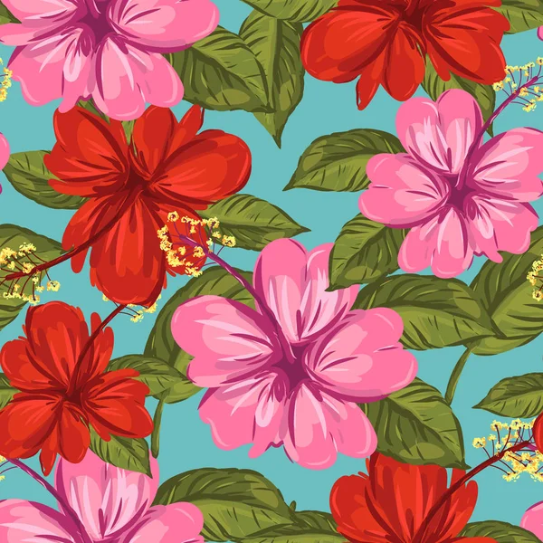 Hibiscus en tropisch blad naadloze patroon achtergrond — Stockvector