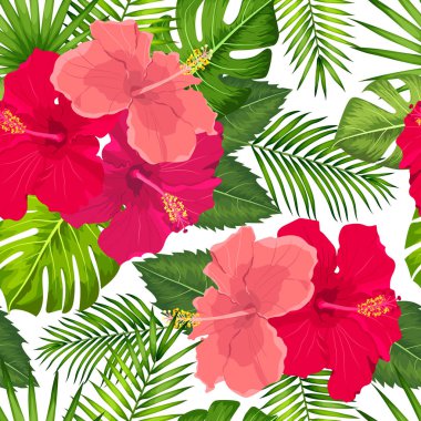 Ebegümeci çiçekleri ve tropikal yaprakları ile Vektör tropikal desen. Kozmetik, spa ve tekstil için çiçek arka plan tasarımı.