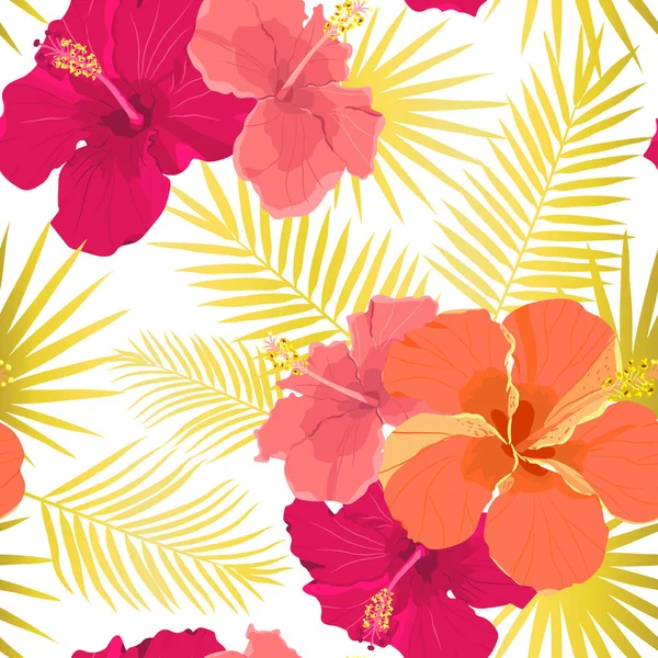 Векторный тропический узор с цветами гибискуса и тропическими листьями. Дизайн цветочного фона для косметики, спа и текстиля . — стоковый вектор