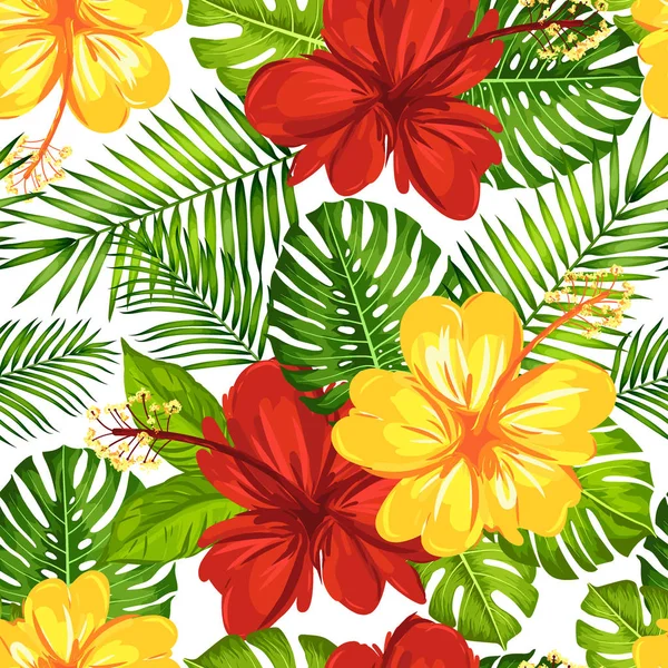 ハイビスカスの花と熱帯の葉を持つベクトル熱帯パターン。化粧品、スパ、テキスタイルのための花の背景デザイン. — ストックベクタ