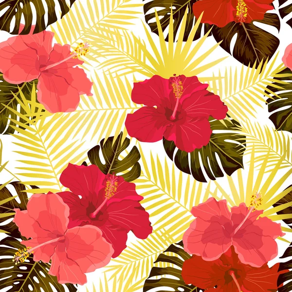 Patrón tropical vectorial con flores de hibisco y hojas tropicales. Diseño de fondo floral para cosméticos, spa y textiles . — Archivo Imágenes Vectoriales