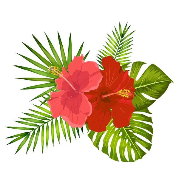 Lovely vector tropical bouquet. Hibiscus and monstera leaves. Exotic flowers and Palm leaves. — Stock Vector