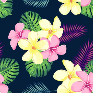 Palmiye yaprakları ve çiçekleri ile tropikal seamless modeli. Vektör çizim.