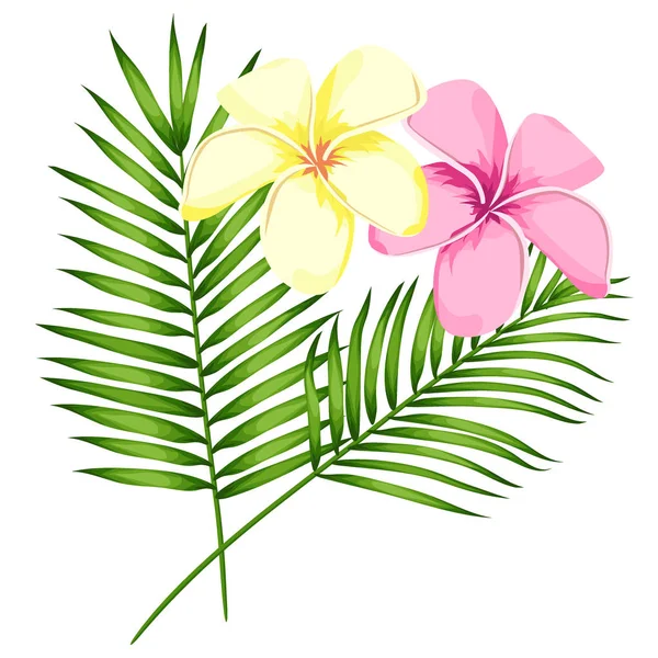 トロピカルベクトルピンクのプルメリアの花、枝や葉は、花のカードのイラストのために設定されています。白い背景に隔離されたエキゾチックな葉と花の花束。パーティーや休日への招待のための要素 — ストックベクタ