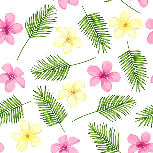Tropische naadloze patroon met palmbladeren en bloemen. Vectorillustratie. — Stockvector