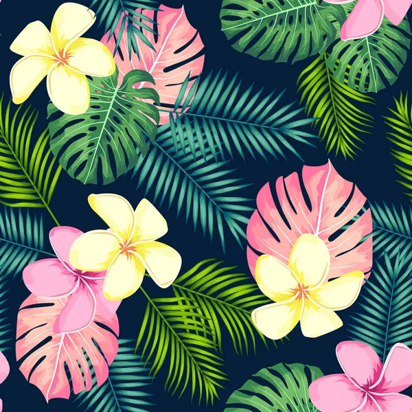 Тропический бесшовный узор с пальмовыми листьями и цветами. Векторная иллюстрация . — стоковый вектор