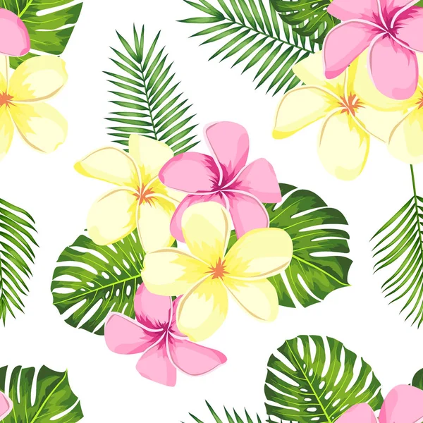 Modello tropicale senza cuciture con foglie di palma e fiori. Illustrazione vettoriale . — Vettoriale Stock