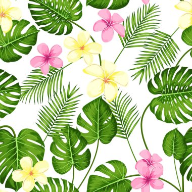 Egzotik palmiye yaprakları ve tropikal çiçek ile Tropikal dikişsiz desen. Tropik canavar. Hawaii tarzı. Vektör çizimi.