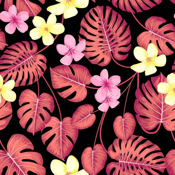 Patrón tropical sin costuras con hojas de palma exóticas y flores tropicales. Monstera tropical. Al estilo hawaiano. Ilustración vectorial . — Archivo Imágenes Vectoriales