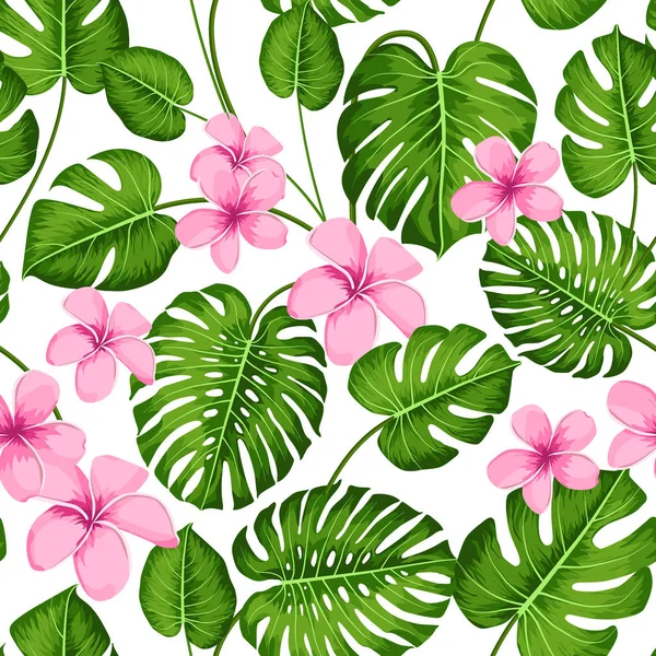 Patrón tropical sin costuras con hojas de palma exóticas y flores tropicales. Monstera tropical. Al estilo hawaiano. Ilustración vectorial . — Archivo Imágenes Vectoriales