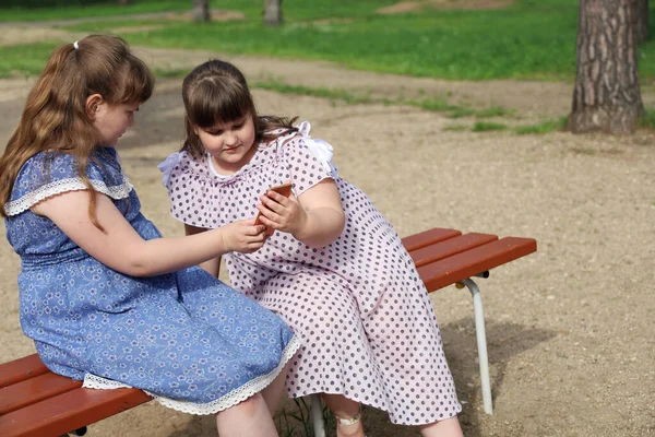 Két Pufók Fiatal Lány Találkozott Egy Parkban Egy Padon Érdeklődéssel — Stock Fotó