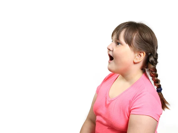 Mollig Meisje Opende Haar Mond Verrassing Kijkt Naar Zijkant Van — Stockfoto