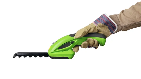 Hand Hand Hält Der Schutzhandschuh Einen Elektrischen Gartenschneider Mit Nivellierungs — Stockfoto