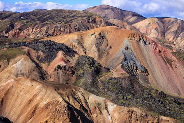 Beautiful colorful volcanic mountains Landmannalaugar in Iceland, summer time and sunny day. Magnificent and unforgettable Iceland. Northern Europe