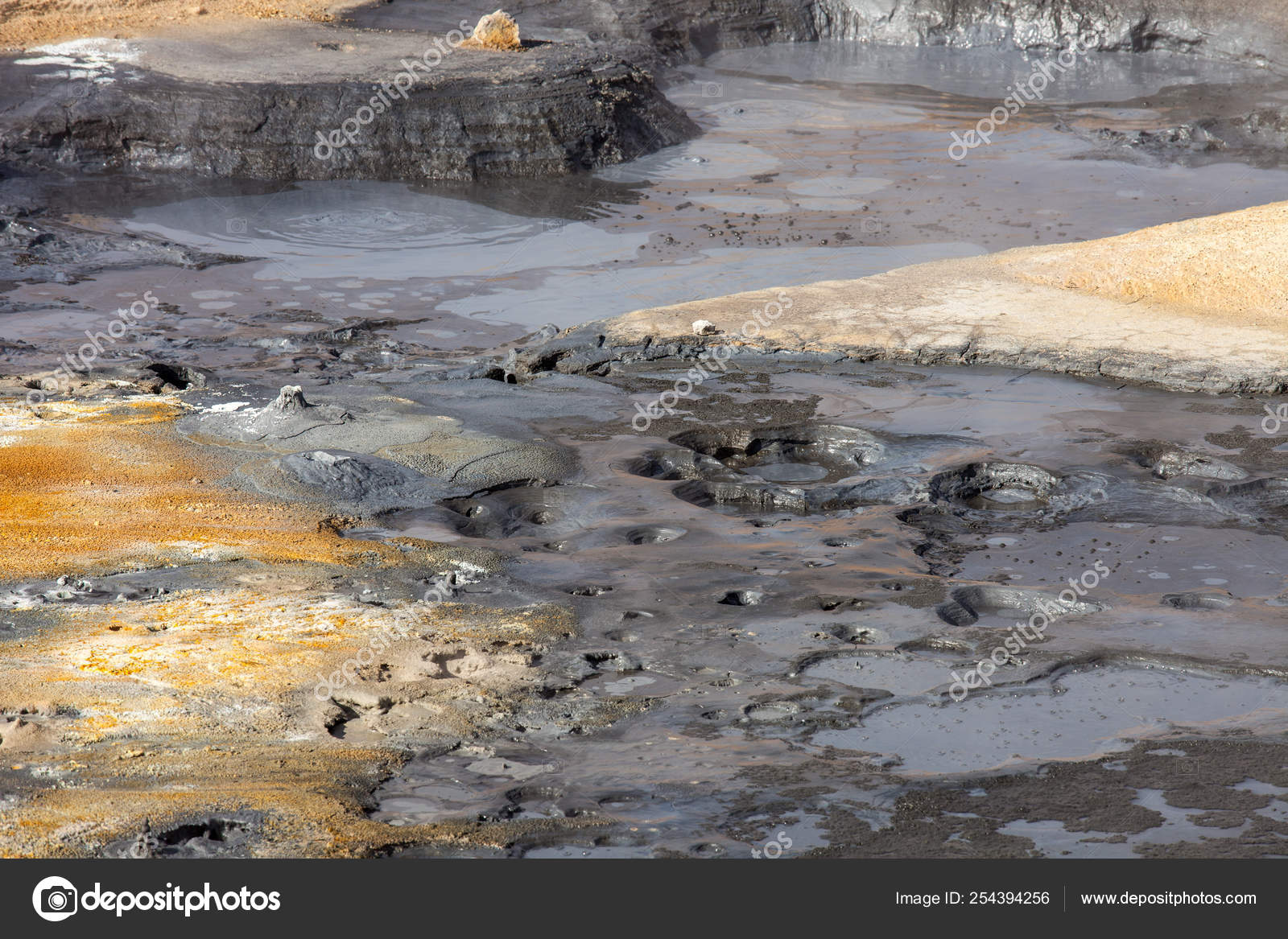 Iceland geothermal zone - area in field of Hverir. Landscape which pools of boiling mud and hot springs. Tourist and natural attractions. Stock Photo by ©NataliaGolovina 254394256