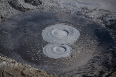 İzlanda jeotermal bölgesi Namafjall - Hverir alan alanında. Portre fotoğraf havuzları ile çamur kaynar. Turistik ve doğal konumlar.