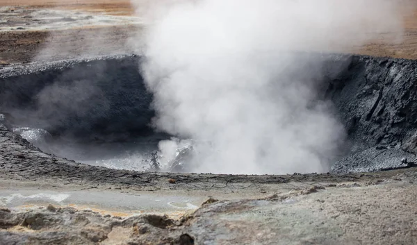 Iceland geothermal zone Namafjall - area in field of Hverir. Closeup photo of pools with boiling mud. Tourist and natural attractions.