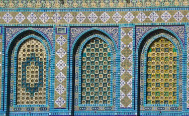 Blue Arabic mosaic tiles and details on the Dome of the Rock, Temple Mount, Jerusalem. Israel.