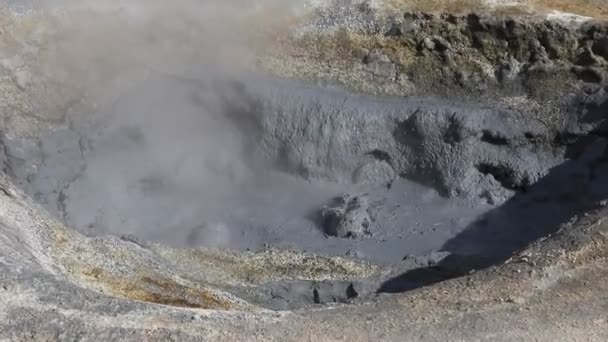 Iceland geothermal zone Namafjall - area in field of Hverir. Landscape which pools of boiling mud and hot springs. Tourist and natural attractions. — Stock Video