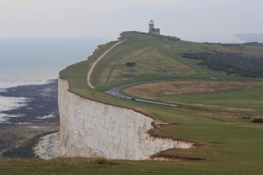 Beyaz tebeşir kayalıkları ve Beachy Head Deniz Feneri. Eastbourne, Doğu Sussex, İngiltere. İngiltere'nin en yüksek tebeşir deniz uçurumu, 162 metre ye yükseliyor. Dünyanın en yaygın üçüncü intihar noktası